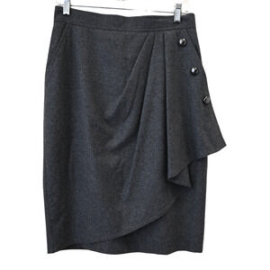 Max Mara Pencil Skirt Size 10 Gray Buttons Ruffle Front Wool Knee Length Office